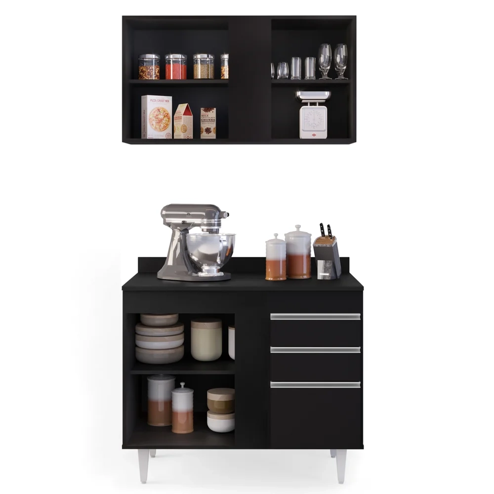 Armário Aéreo Indiana e Balcão Gabinete 100cm Luziania Preto - Lumil Móveis