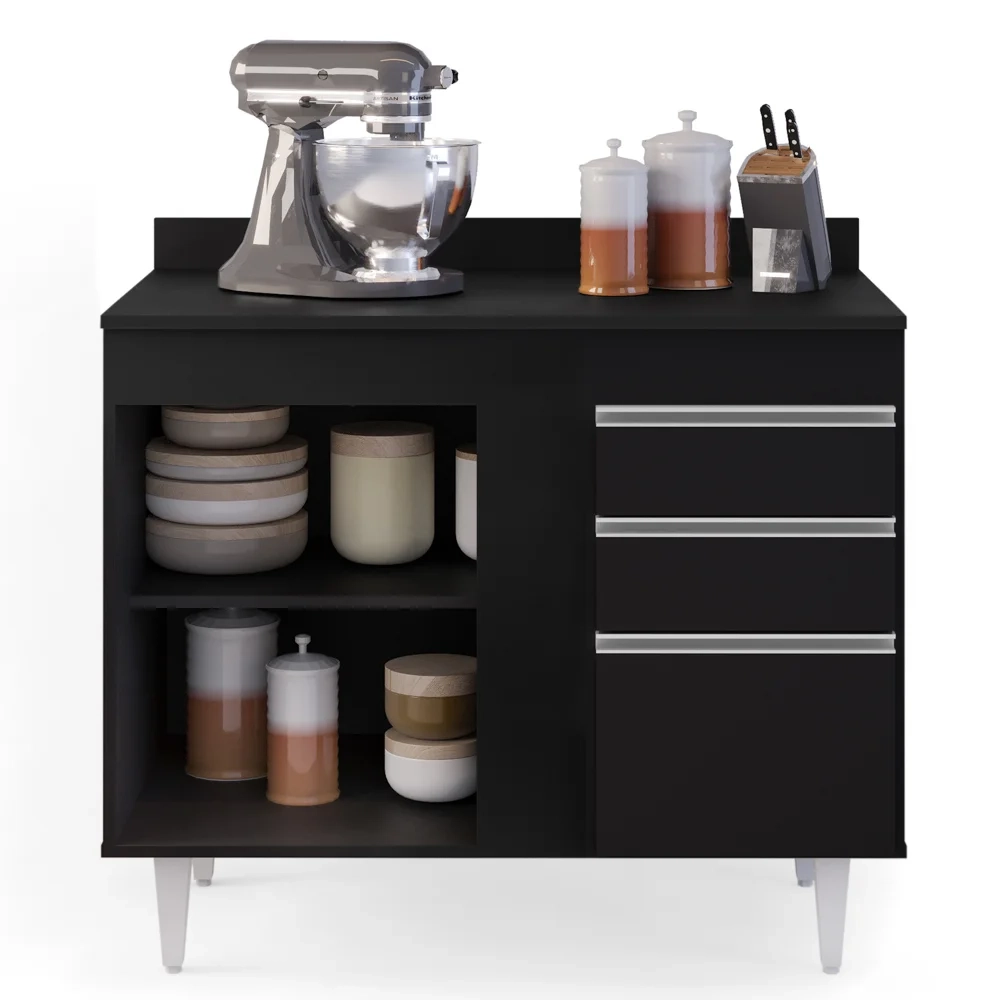 Armário Aéreo Indiana e Balcão Gabinete 100cm Luziania Preto - Lumil Móveis