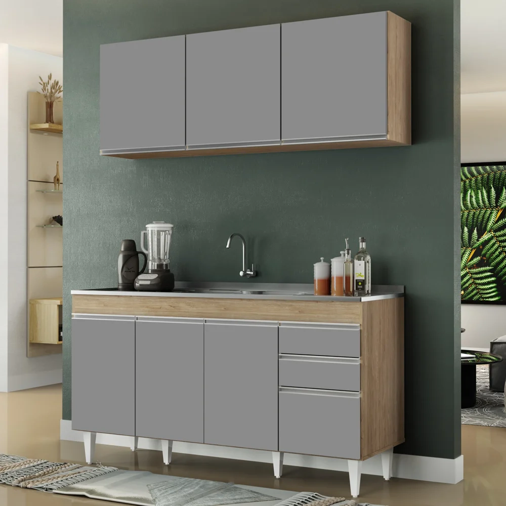 Armário Aéreo Argélia e Balcão Com Pia 150cm Marrocos Castanho/Cinza - Lumil Móveis