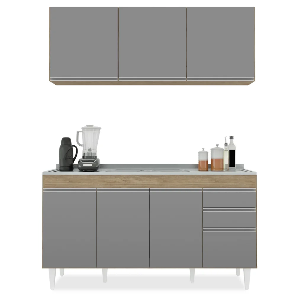 Armário Aéreo Argélia e Balcão Com Pia 150cm Marrocos Castanho/Cinza - Lumil Móveis