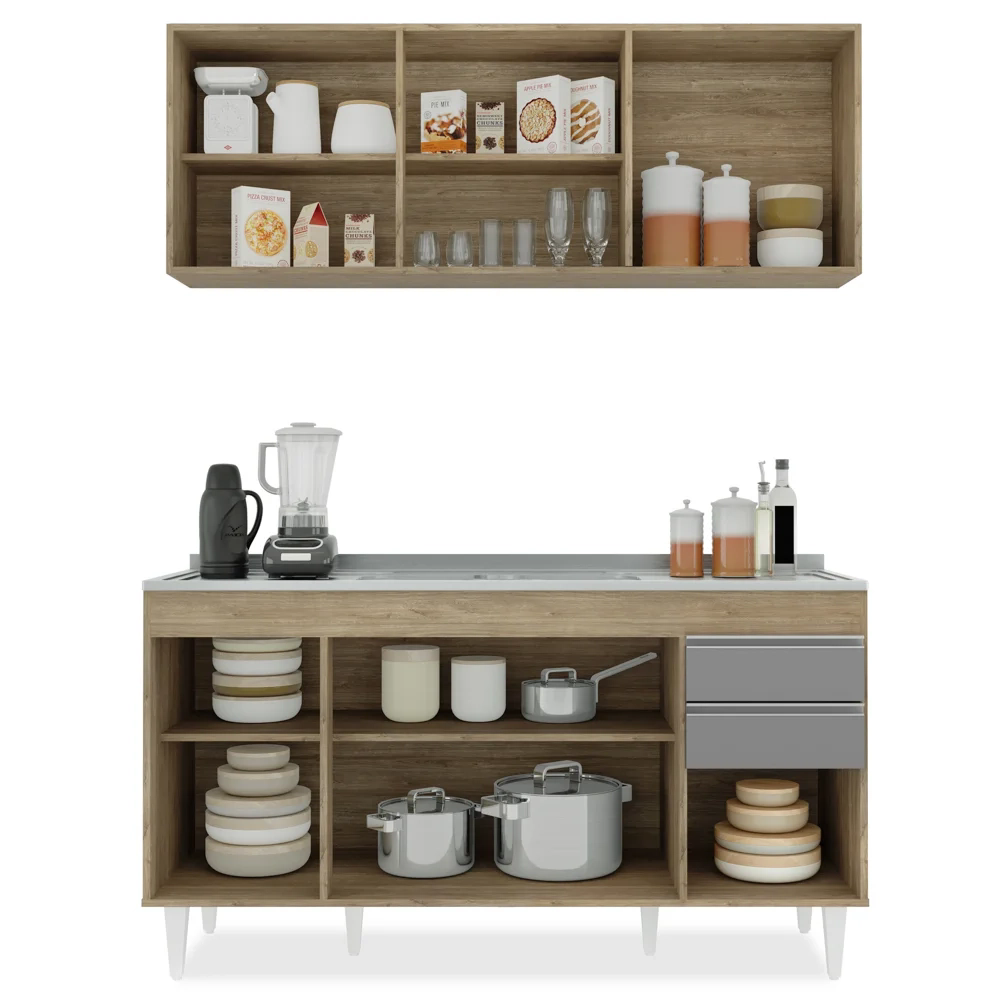 Armário Aéreo Argélia e Balcão Com Pia 150cm Marrocos Castanho/Cinza - Lumil Móveis