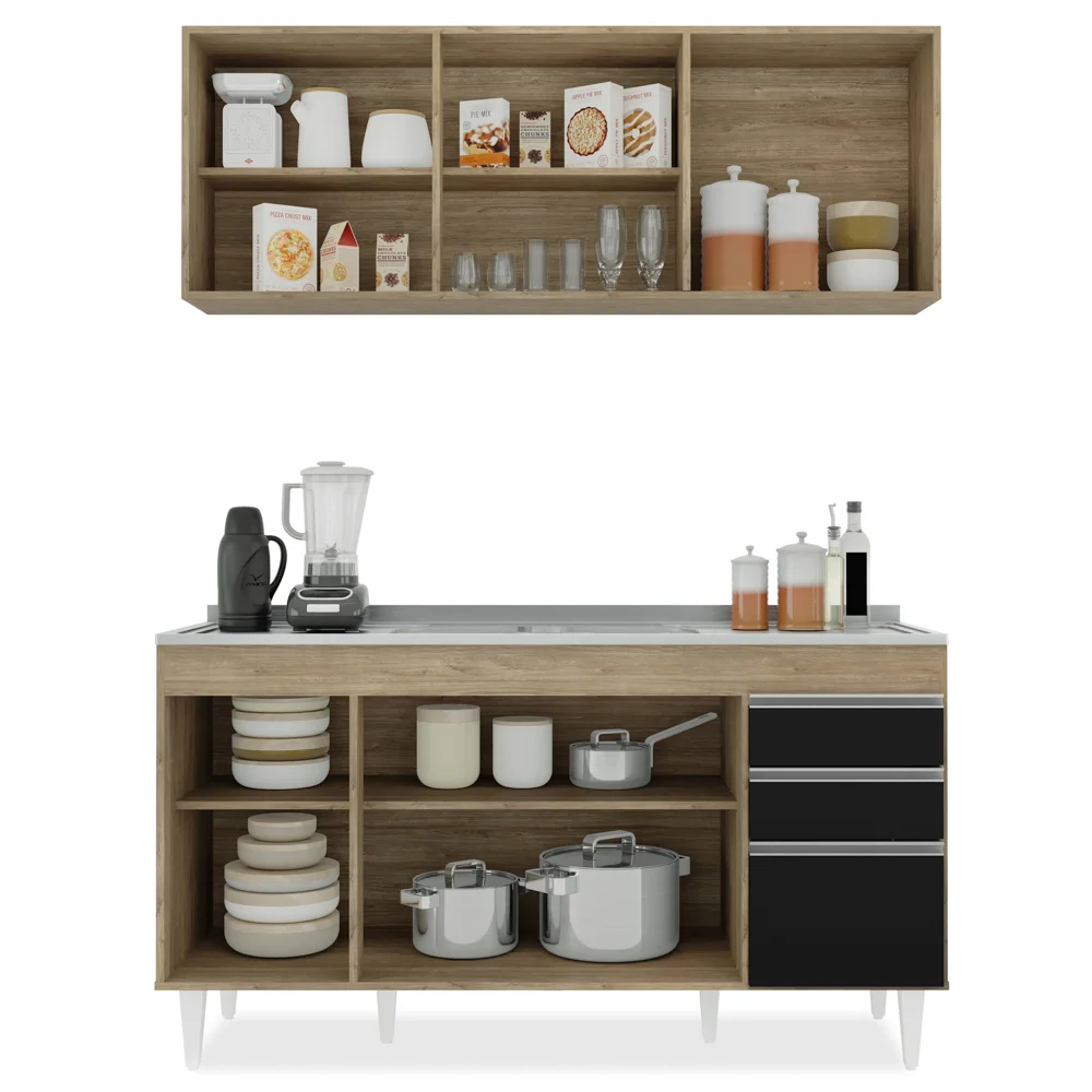 Armário Aéreo Argélia e Balcão Com Pia 150cm Marrocos Castanho/Preto - Lumil Móveis