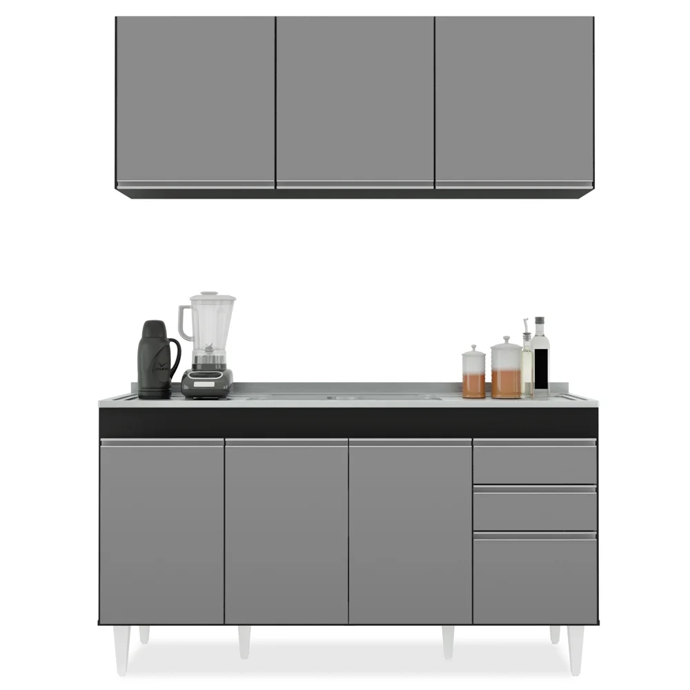 Armário Aéreo Argélia e Balcão Com Pia 150cm Marrocos Preto/Cinza - Lumil Móveis