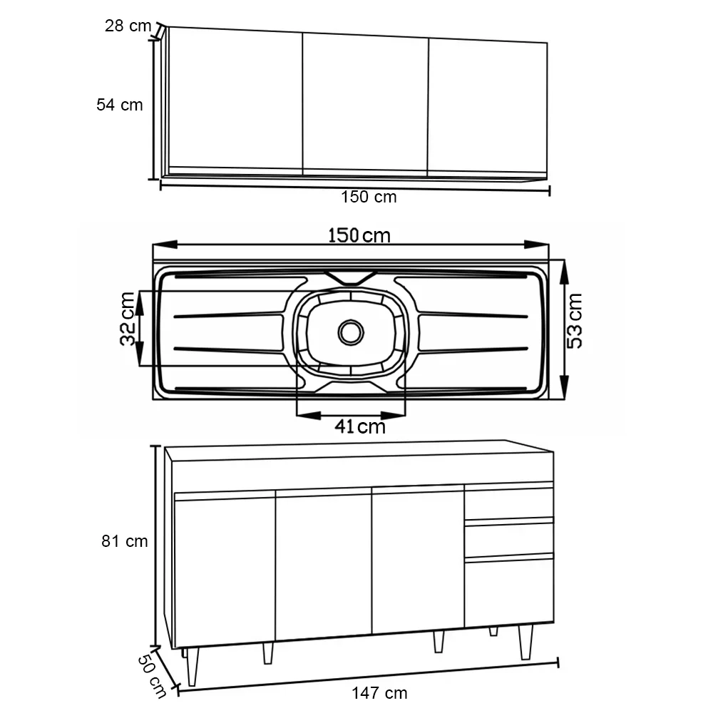 Armário Aéreo Argélia e Balcão Com Pia 150cm Marrocos Preto/Cinza - Lumil Móveis