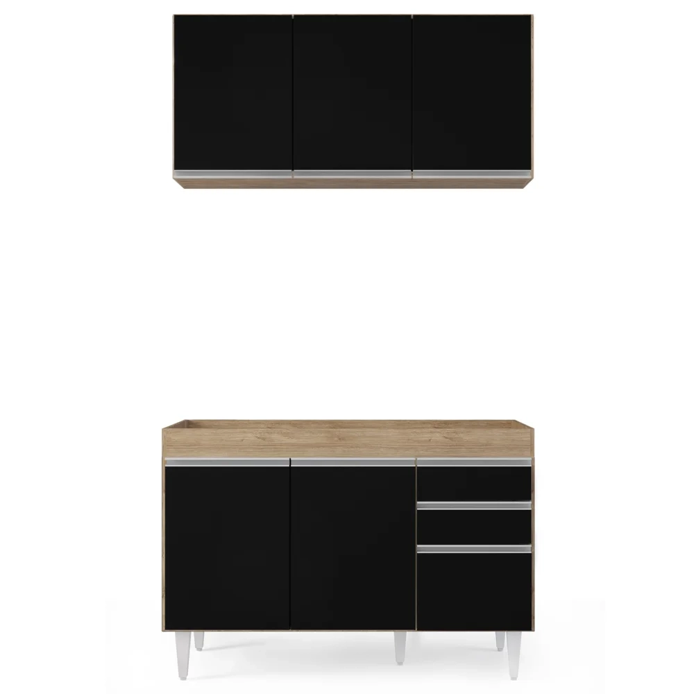 Armário Aéreo Virgínia e Balcão Para Pia 120cm Michigan Castanho/Preto - Lumil Móveis