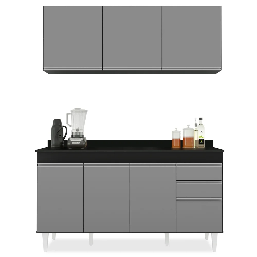 Armário Aéreo Argélia e Balcão Gabinete 150cm Marrocos Preto/Cinza - Lumil Móveis