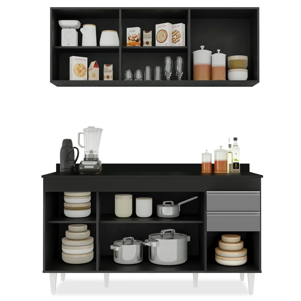 Armário Aéreo Argélia e Balcão Gabinete 150cm Marrocos Preto/Cinza - Lumil Móveis