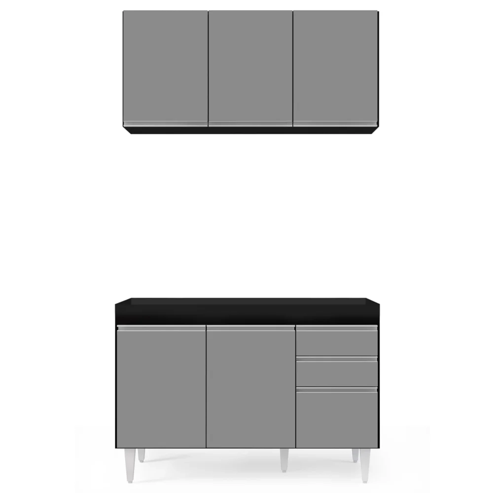 Armário Aéreo Virgínia e Balcão Para Pia 120cm Michigan Preto/Cinza - Lumil Móveis