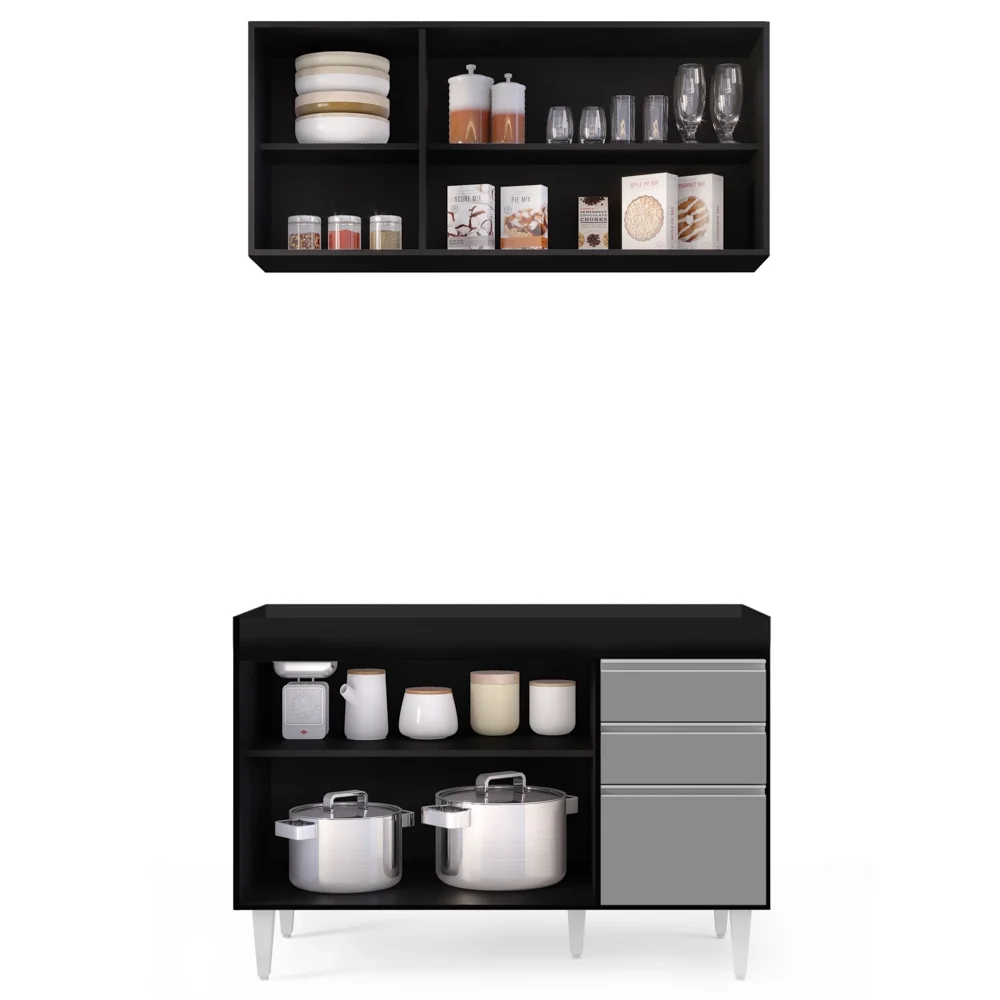 Armário Aéreo Virgínia e Balcão Para Pia 120cm Michigan Preto/Cinza - Lumil Móveis