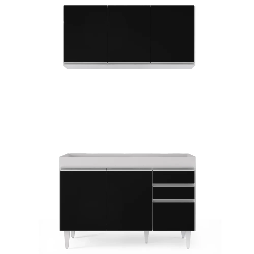 Armário Aéreo Virgínia e Balcão Para Pia 120cm Michigan Branco/Preto - Lumil Móveis