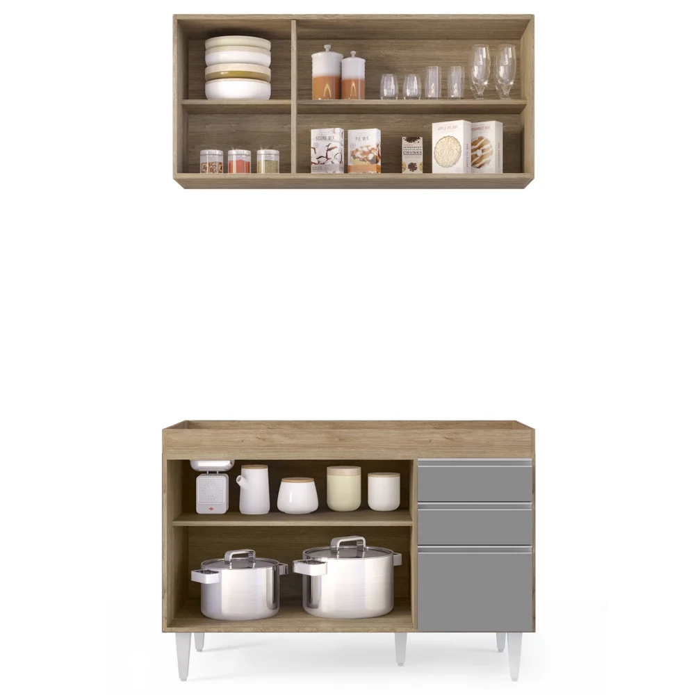 Armário Aéreo Virgínia e Balcão Para Pia 120cm Michigan Castanho/Cinza - Lumil Móveis