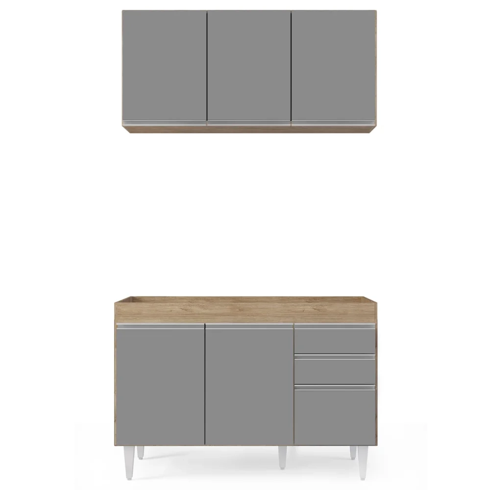 Armário Aéreo Virgínia e Balcão Para Pia 120cm Michigan Castanho/Cinza - Lumil Móveis