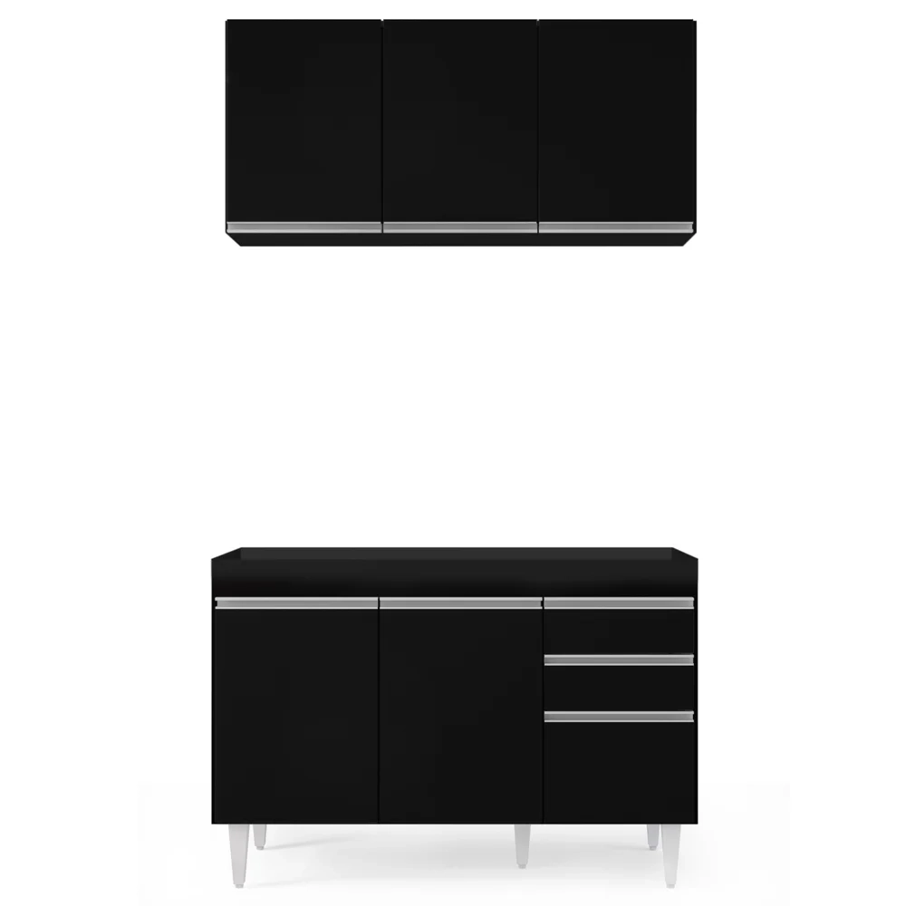 Armário Aéreo Virgínia e Balcão Para Pia 120cm Michigan Preto - Lumil Móveis