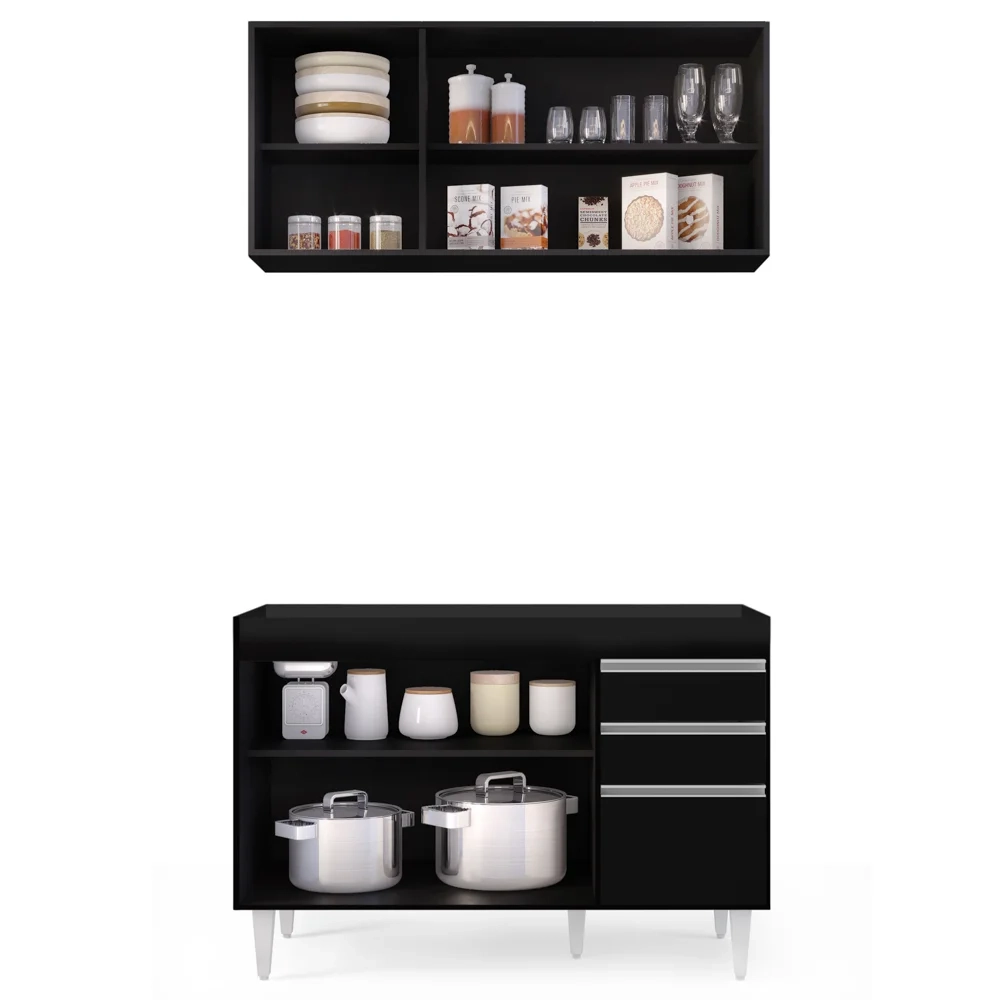 Armário Aéreo Virgínia e Balcão Para Pia 120cm Michigan Preto - Lumil Móveis