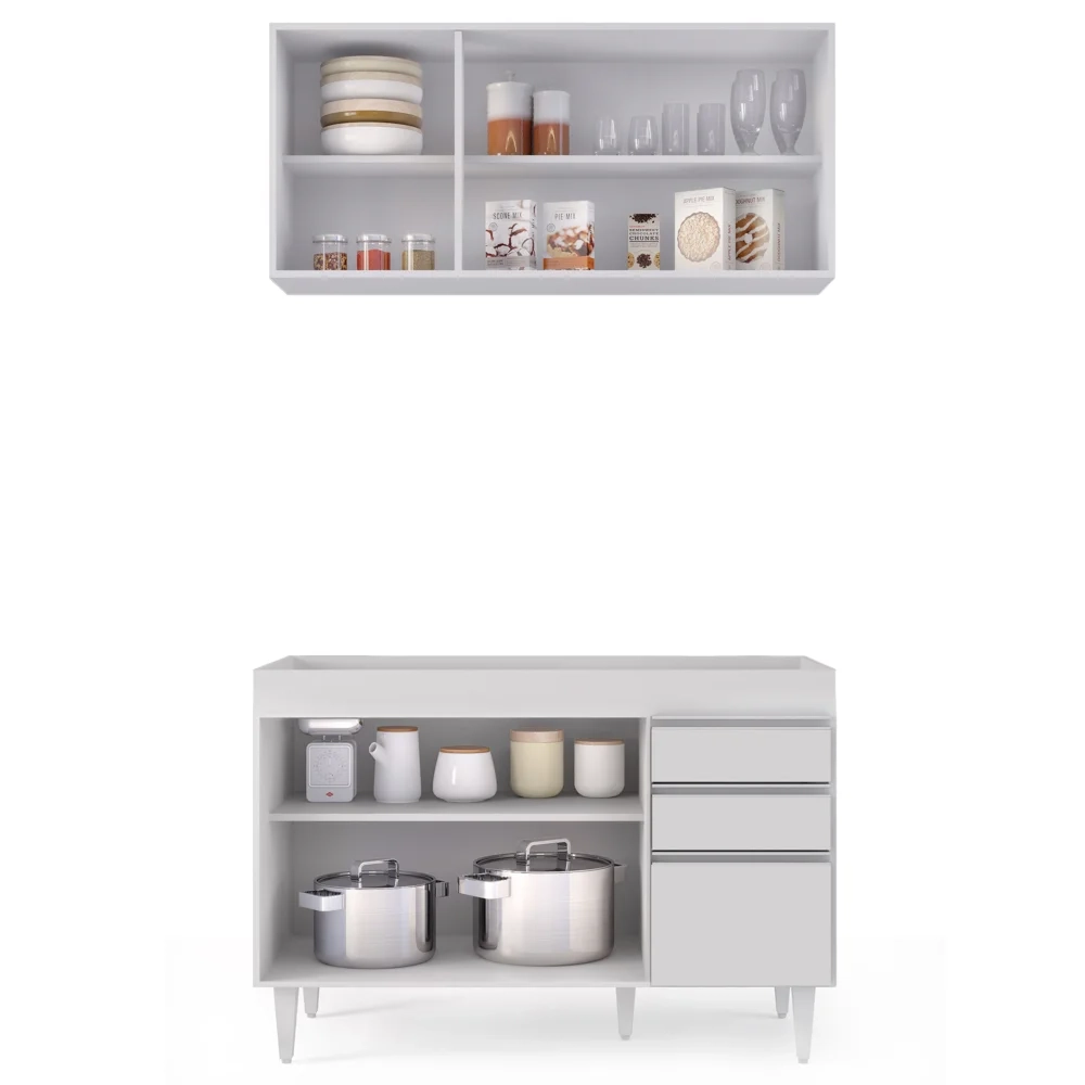 Armário Aéreo Virgínia e Balcão Para Pia 120cm Michigan Branco - Lumil Móveis