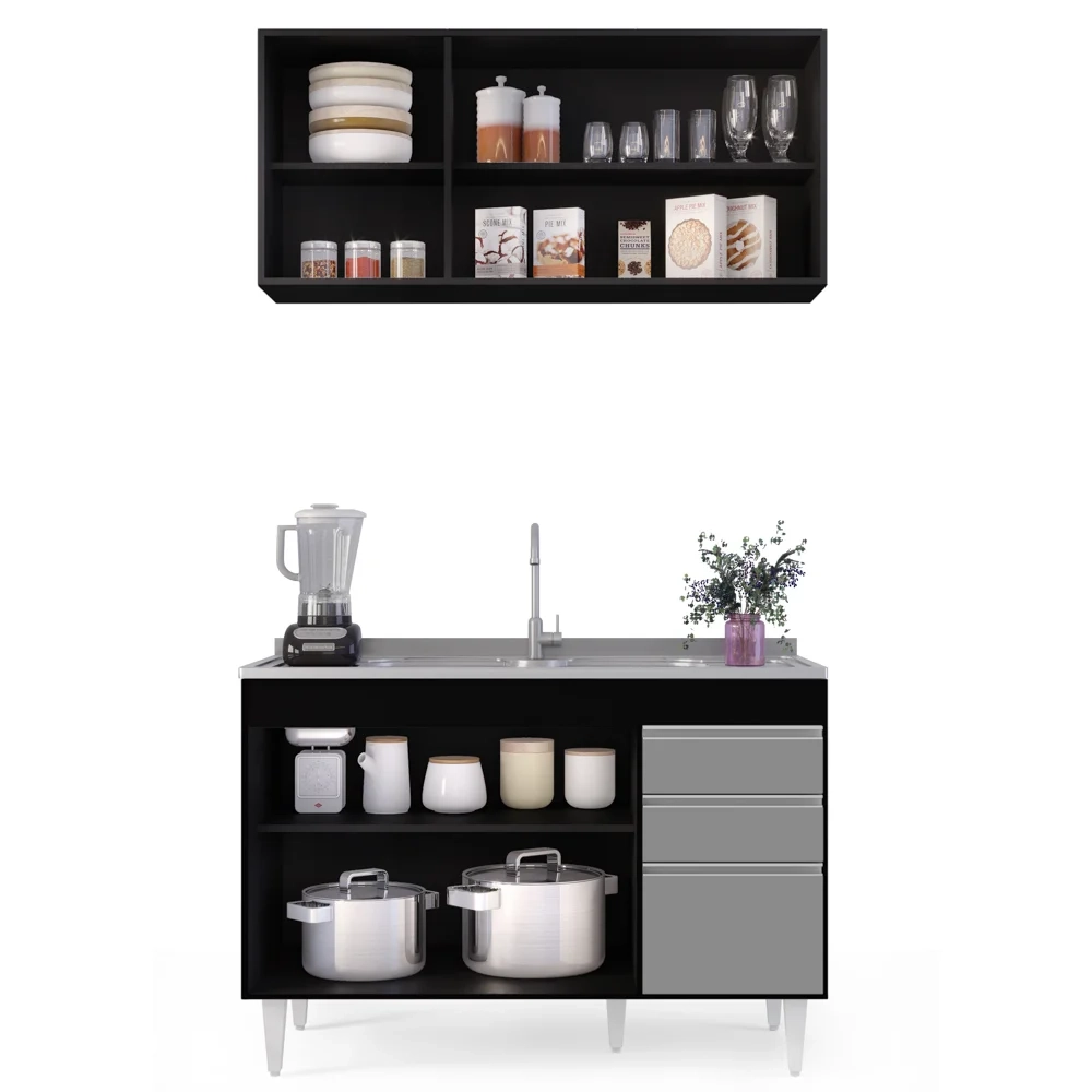 Armário Aéreo Virgínia e Balcão Com Pia 120cm Michigan Preto/Cinza - Lumil Móveis