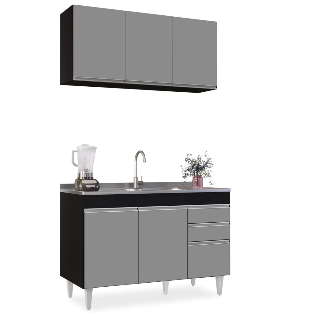 Armário Aéreo Virgínia e Balcão Com Pia 120cm Michigan Preto/Cinza - Lumil Móveis