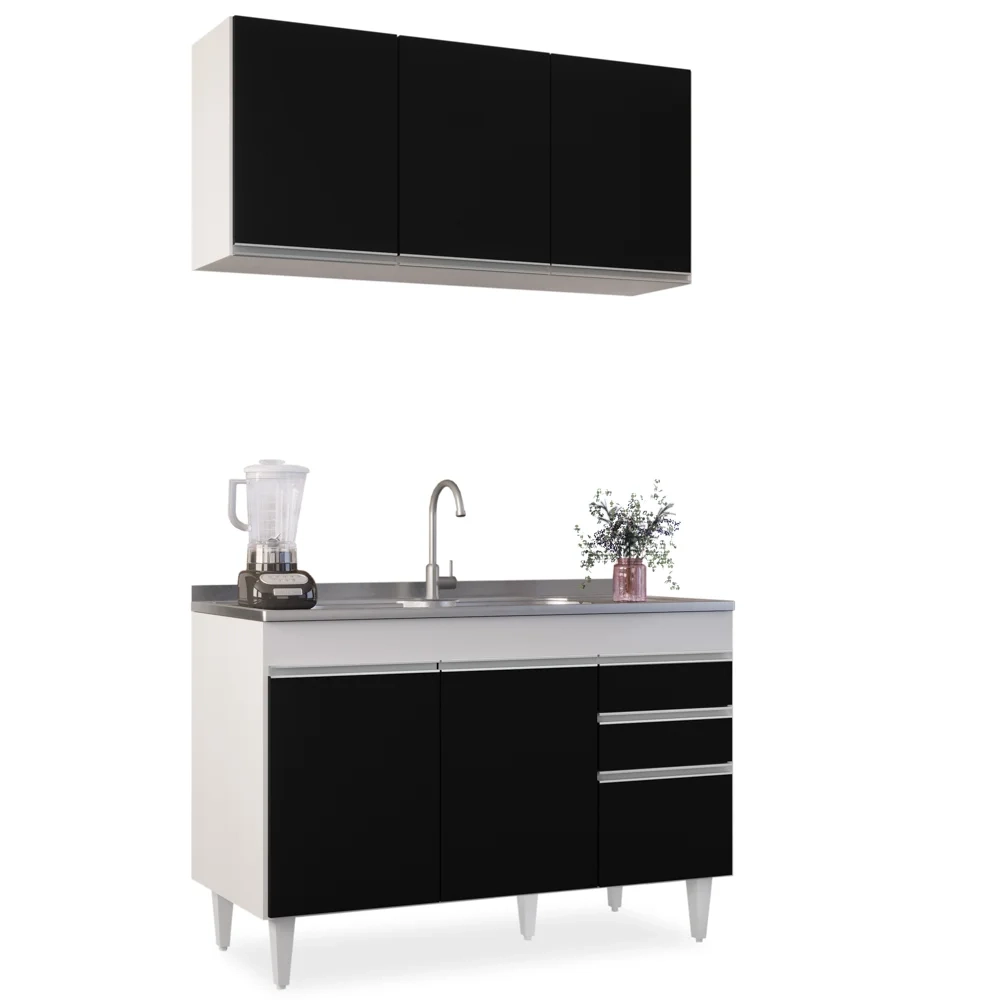 Armário Aéreo Virgínia e Balcão Com Pia 120cm Michigan Branco/Preto - Lumil Móveis