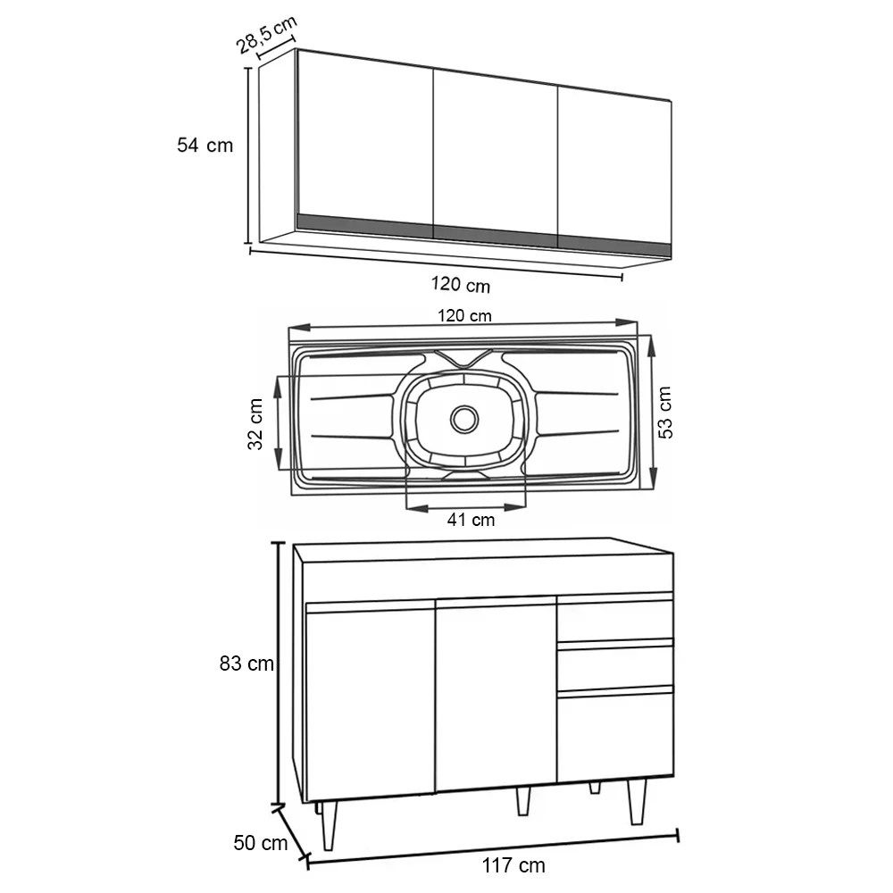 Armário Aéreo Virgínia e Balcão Com Pia 120cm Michigan Branco/Preto - Lumil Móveis