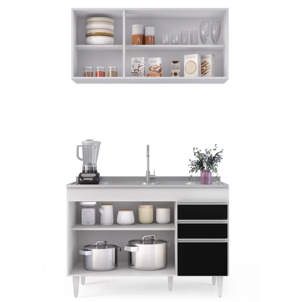 Armário Aéreo Virgínia e Balcão Com Pia 120cm Michigan Branco/Preto - Lumil Móveis