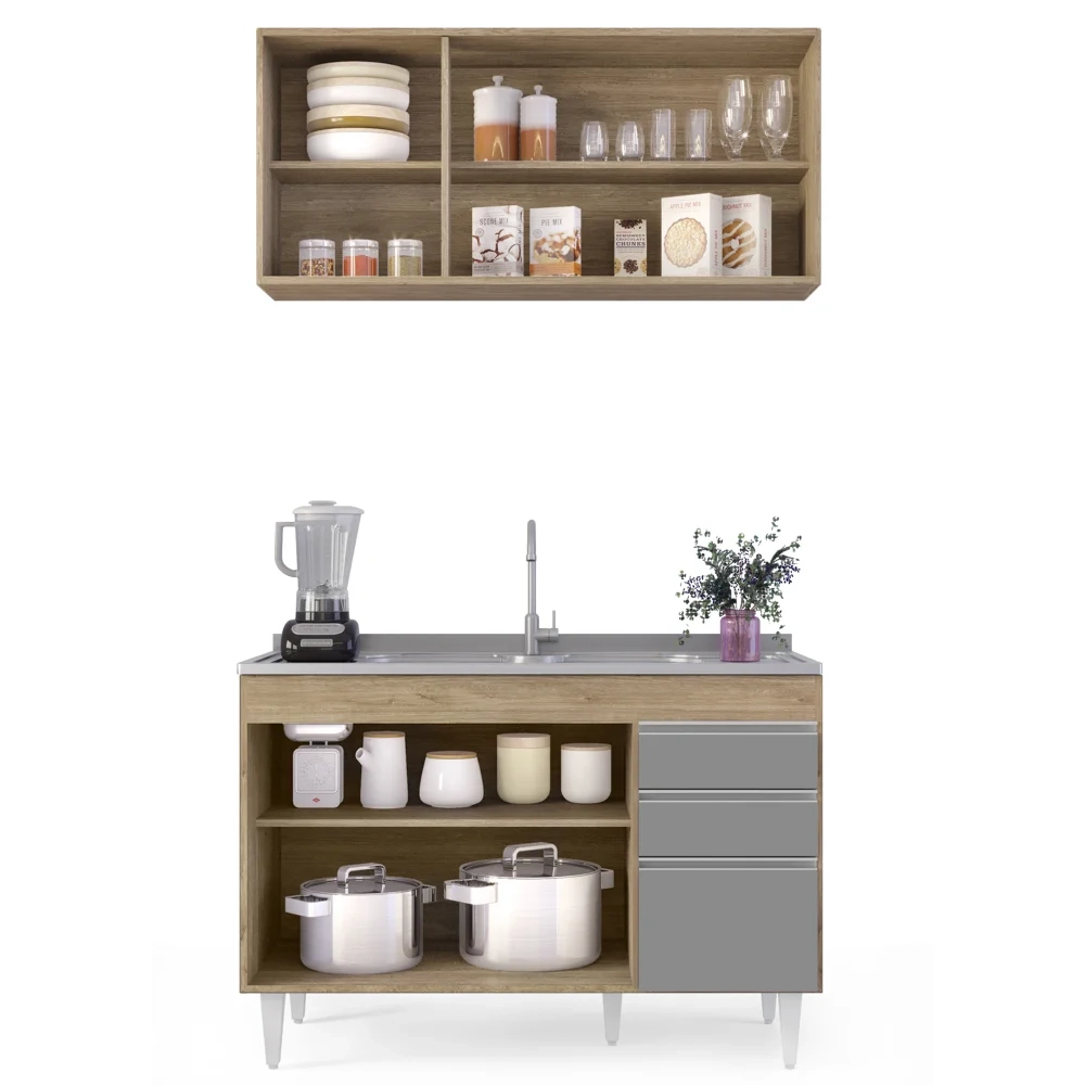 Armário Aéreo Virgínia e Balcão Com Pia 120cm Michigan Castanho/Cinza - Lumil Móveis