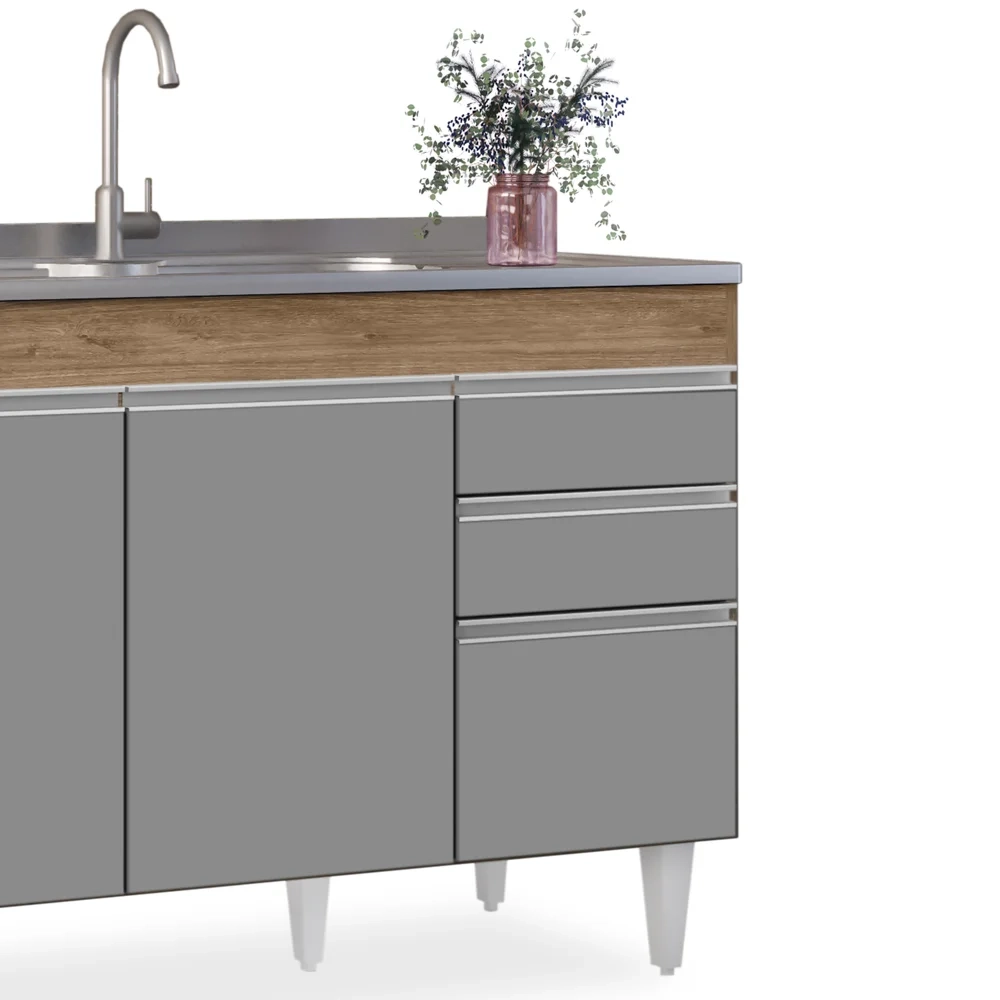 Armário Aéreo Virgínia e Balcão Com Pia 120cm Michigan Castanho/Cinza - Lumil Móveis