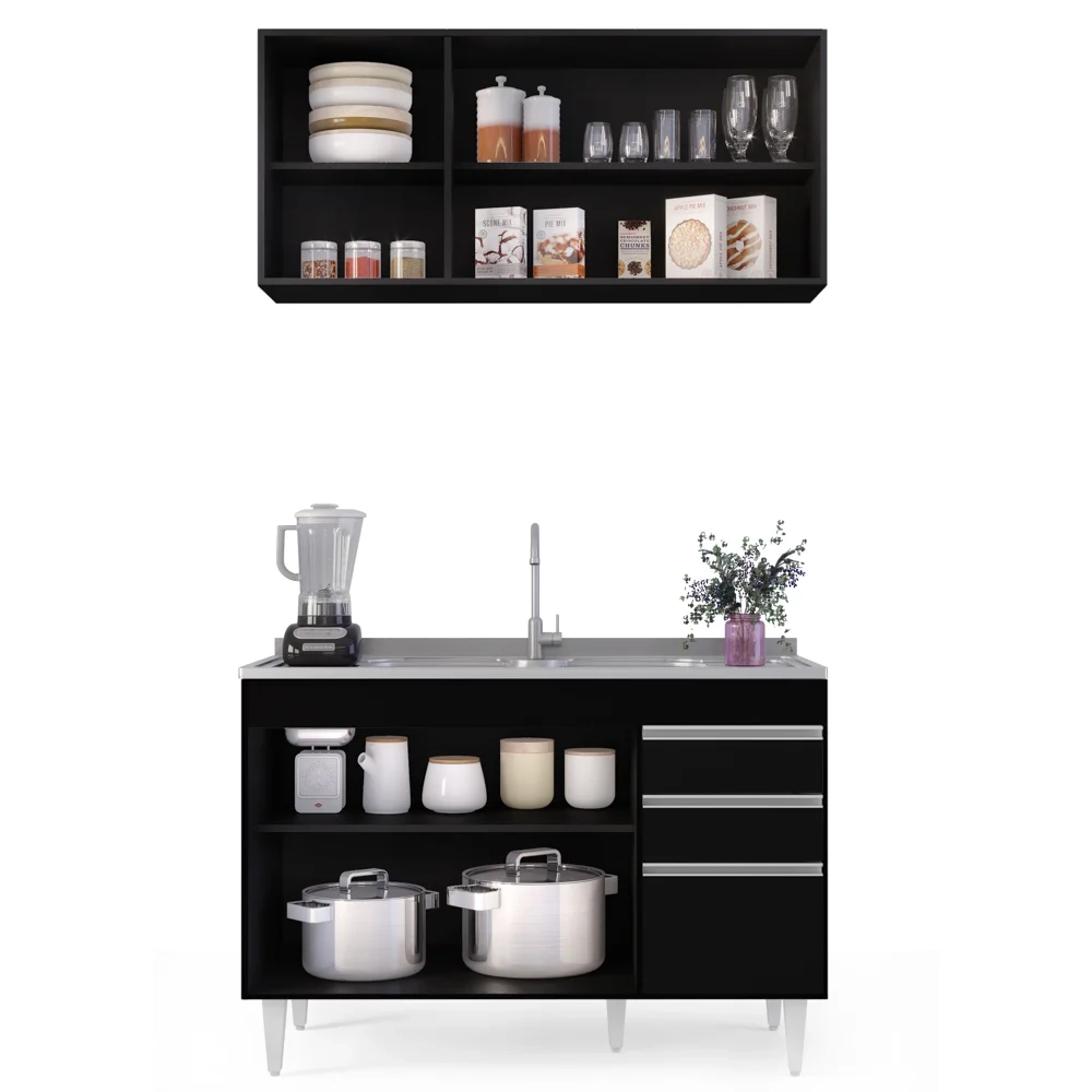 Armário Aéreo Virgínia e Balcão Com Pia 120cm Michigan Preto - Lumil Móveis