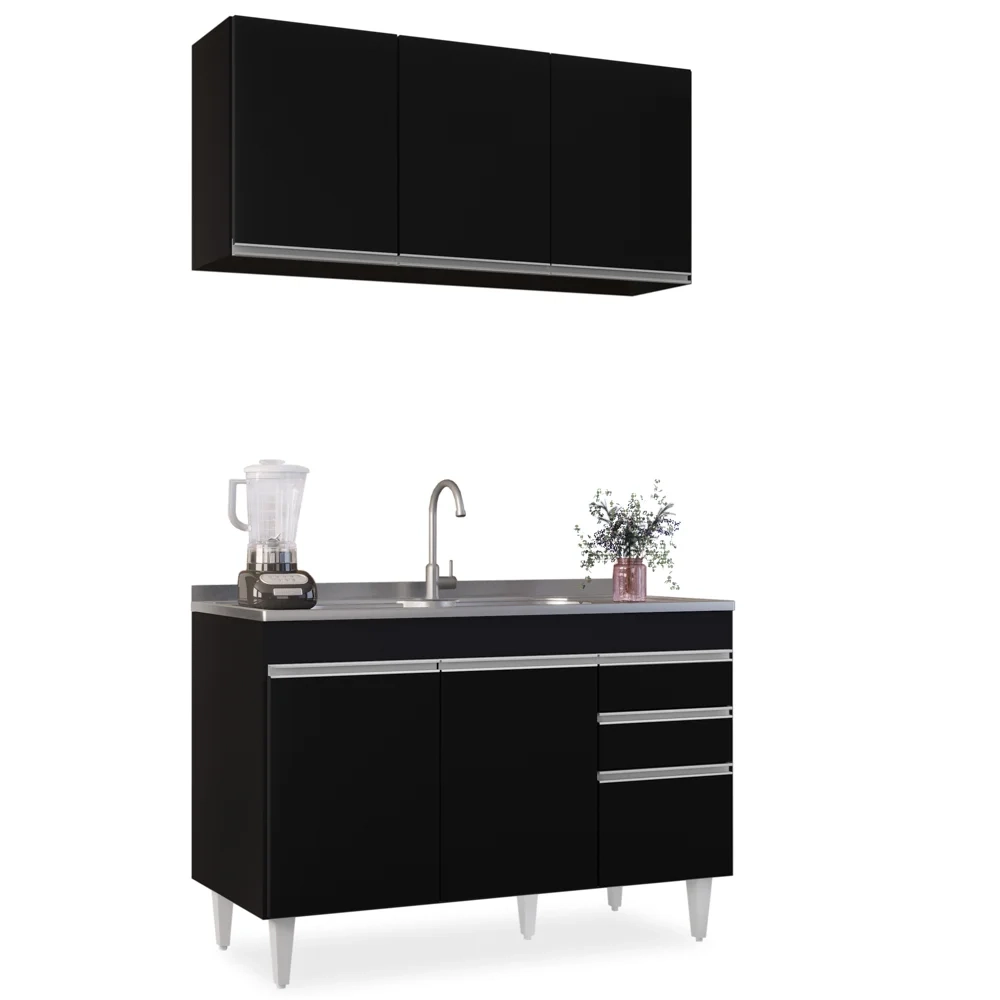 Armário Aéreo Virgínia e Balcão Com Pia 120cm Michigan Preto - Lumil Móveis