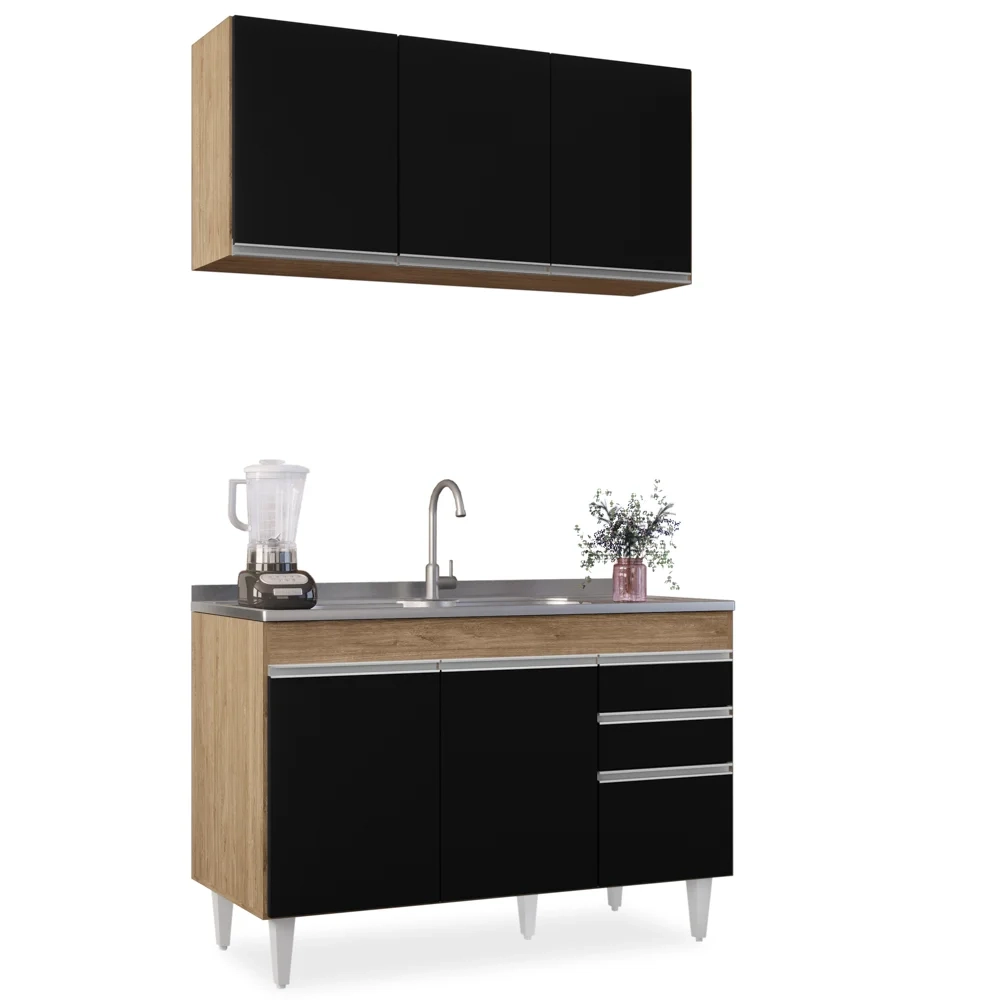 Armário Aéreo Virgínia e Balcão Com Pia 120cm Michigan Castanho/Preto - Lumil Móveis