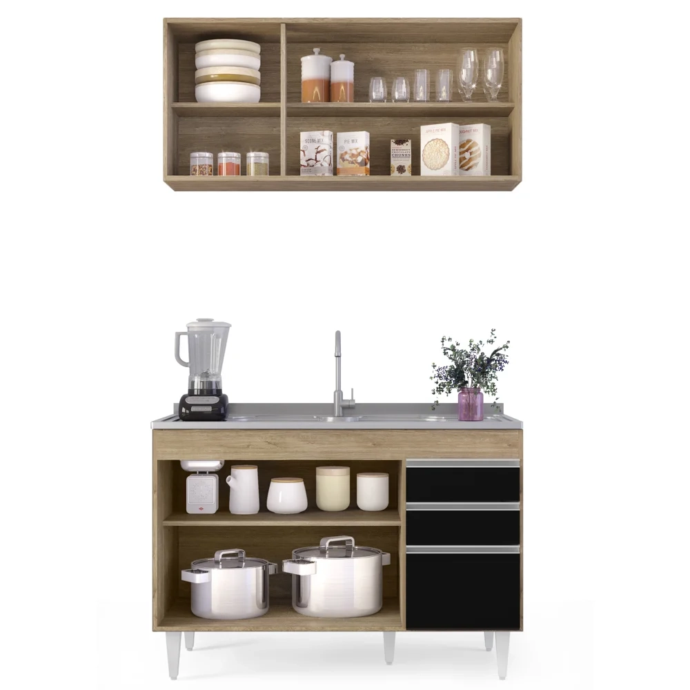 Armário Aéreo Virgínia e Balcão Com Pia 120cm Michigan Castanho/Preto - Lumil Móveis