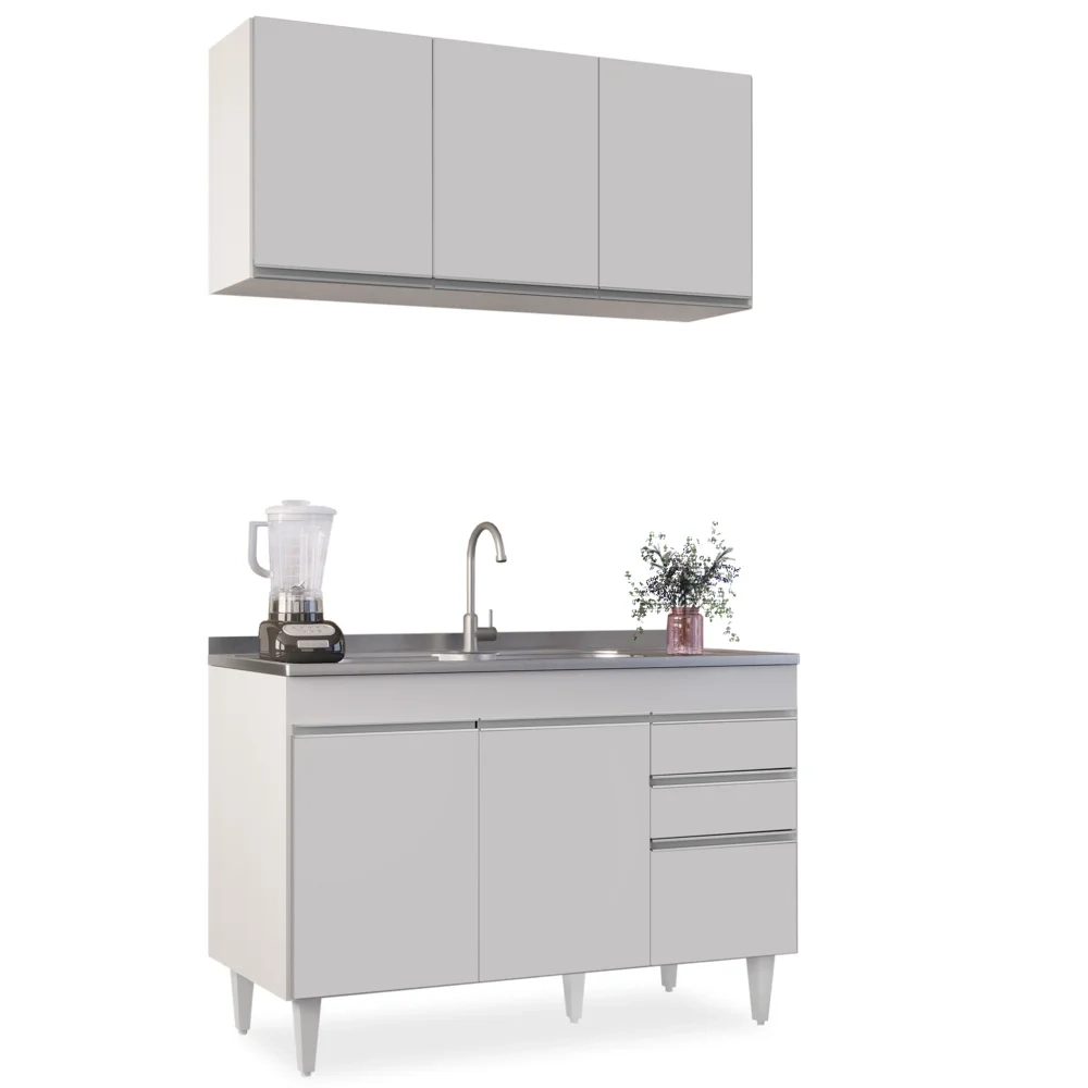 Armário Aéreo Virgínia e Balcão Com Pia 120cm Michigan Branco - Lumil Móveis