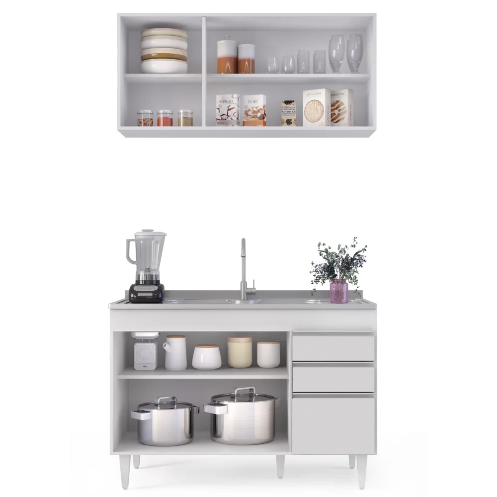 Armário Aéreo Virgínia e Balcão Com Pia 120cm Michigan Branco - Lumil Móveis