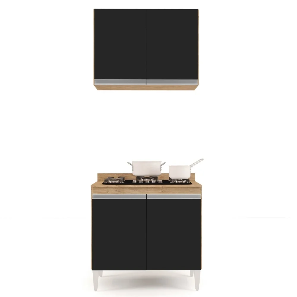 Armário Califórnia e Balcão Para Cooktop Flórida Castanho/Preto - Lumil