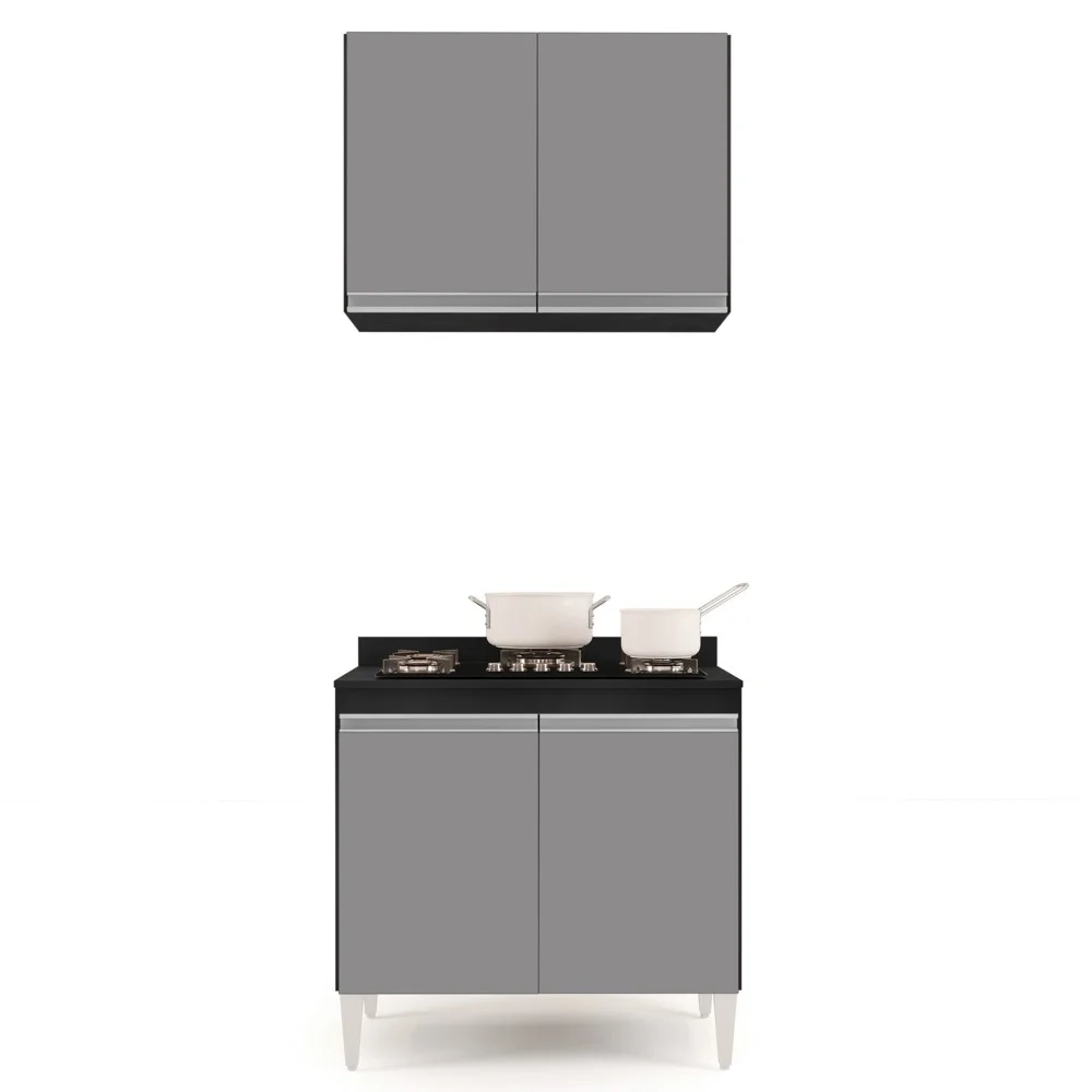 Armário Aéreo Califórnia e Balcão Para Cooktop Flórida Preto/Cinza - Lumil Móveis