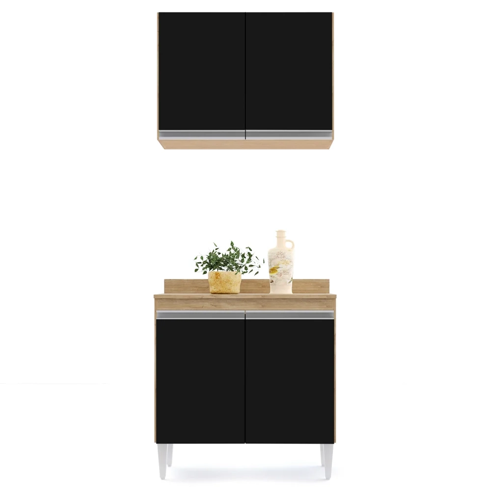 Armário Aéreo Califórnia e Balcão Hawai com Tampo 80cm Castanho/Preto - Lumil