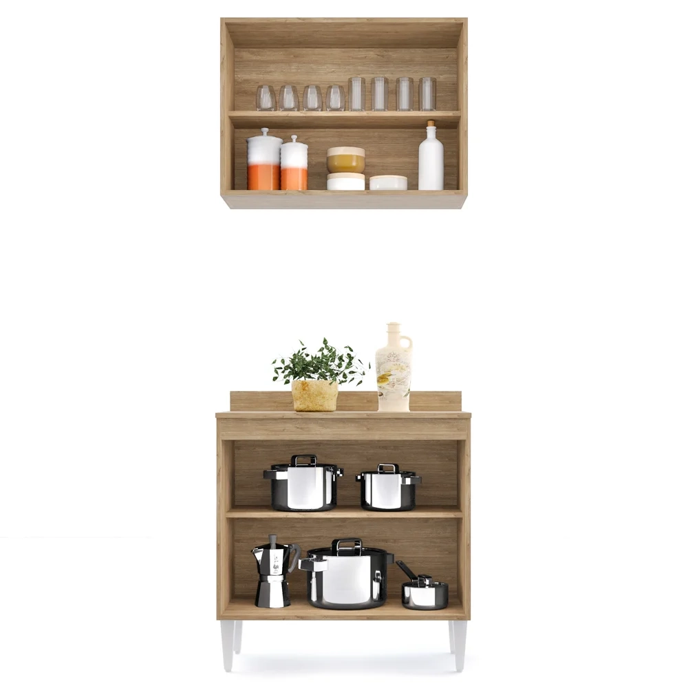 Armário Aéreo Califórnia e Balcão Hawai com Tampo 80cm Castanho/Preto - Lumil