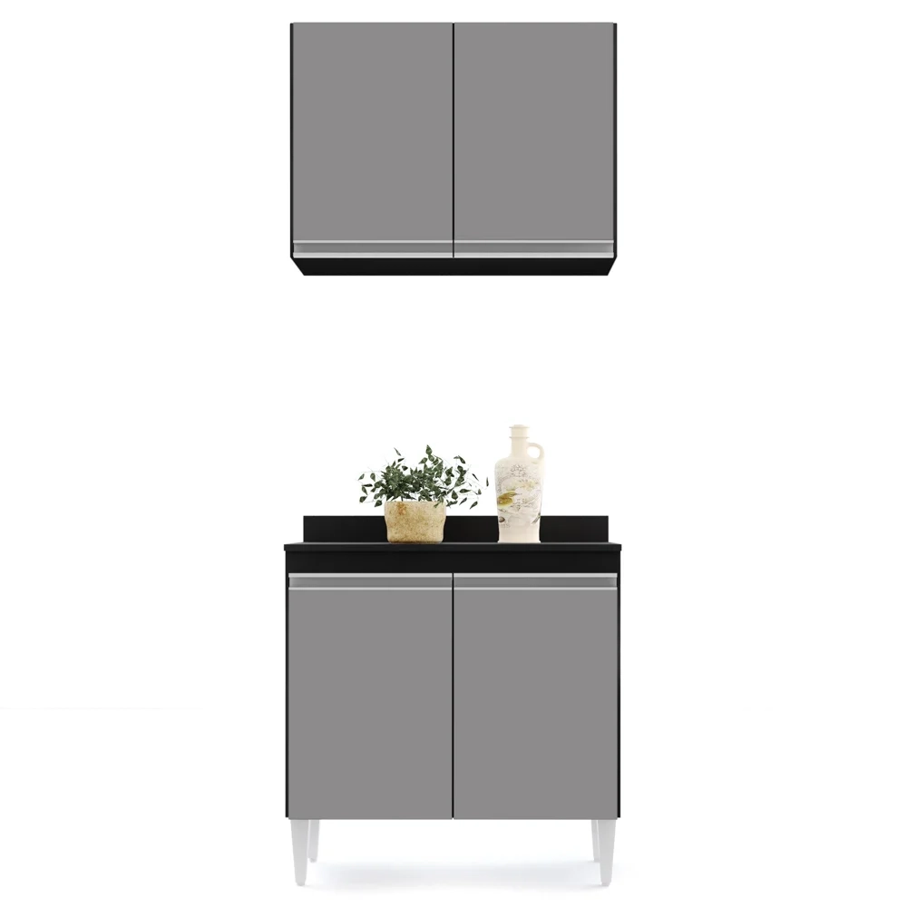 Armário Aéreo Califórnia e Balcão Hawai com Tampo 80cm Preto/Cinza - Lumil