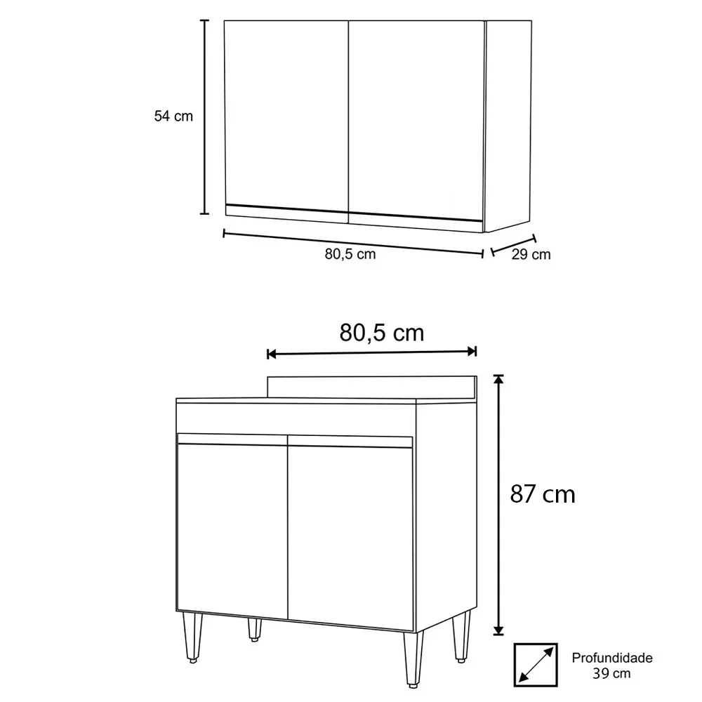 Armário Aéreo Califórnia e Balcão Hawai com Tampo 80cm Preto/Cinza - Lumil