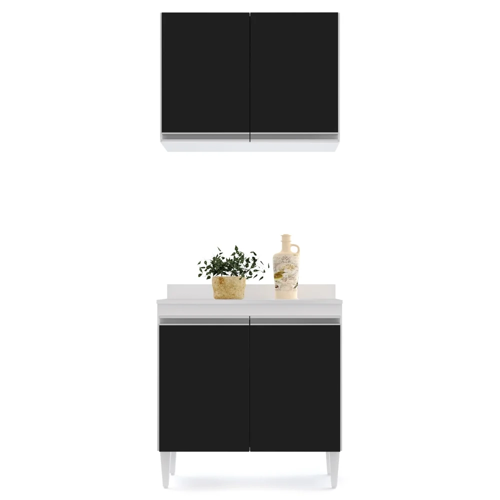 Armário Aéreo Califórnia e Balcão Hawai com Tampo 80cm Branco/Preto - Lumil