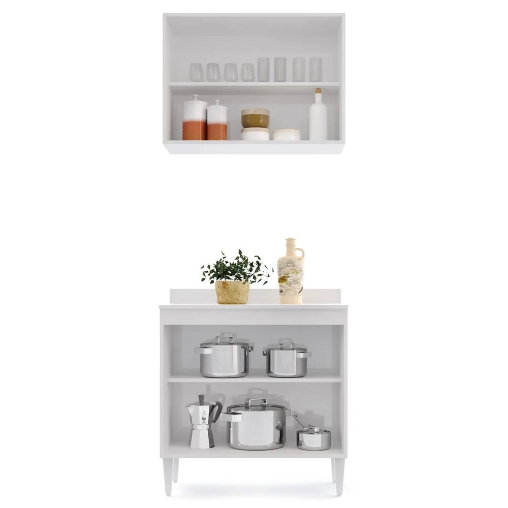 Armário Aéreo Califórnia e Balcão Hawai com Tampo 80cm Branco/Preto - Lumil