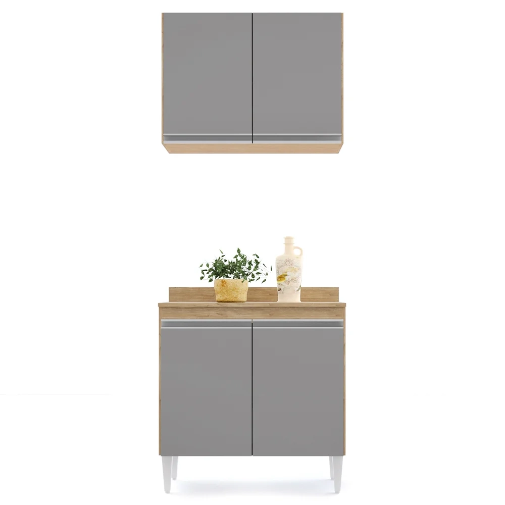 Armário Aéreo Califórnia e Balcão Hawai com Tampo 80cm Castanho/Cinza - Lumil