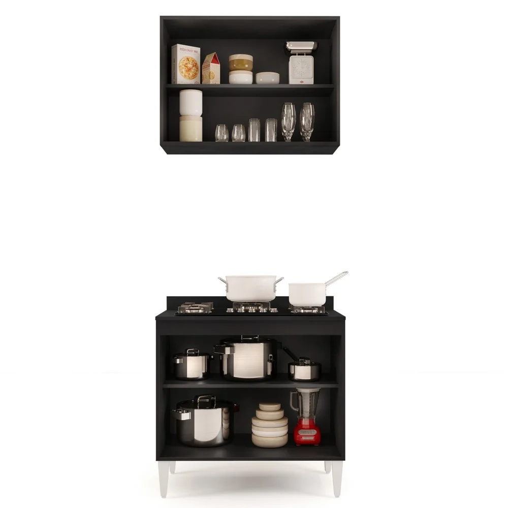 Armário Aéreo Califórnia e Balcão Para Cooktop Flórida Preto - Lumil Móveis
