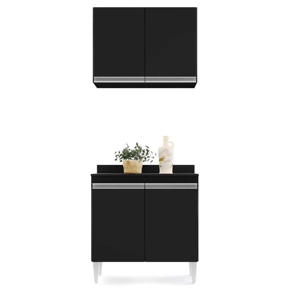 Armário Aéreo Califórnia e Balcão Hawai com Tampo 80cm Preto - Lumil