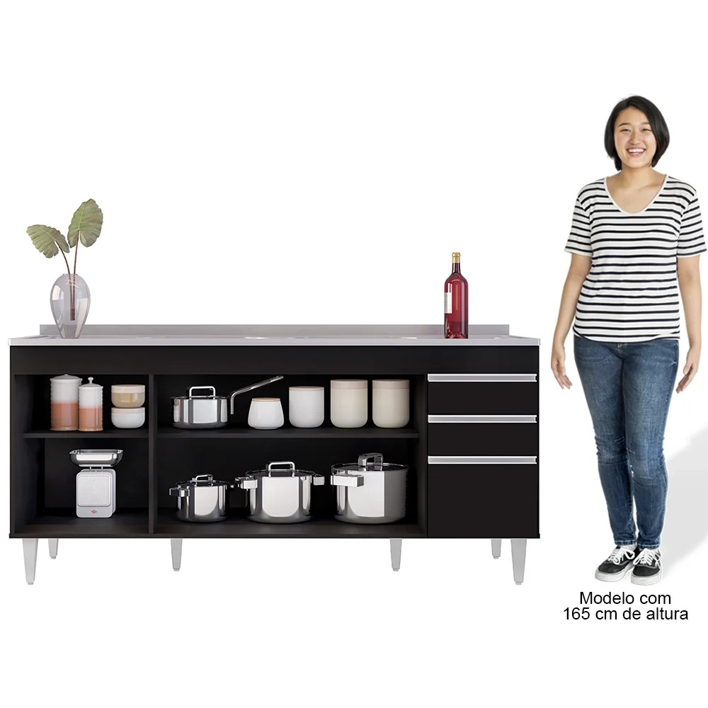 Balcão Gabinete Com Pia 180cm Dallas Preto - Lumil