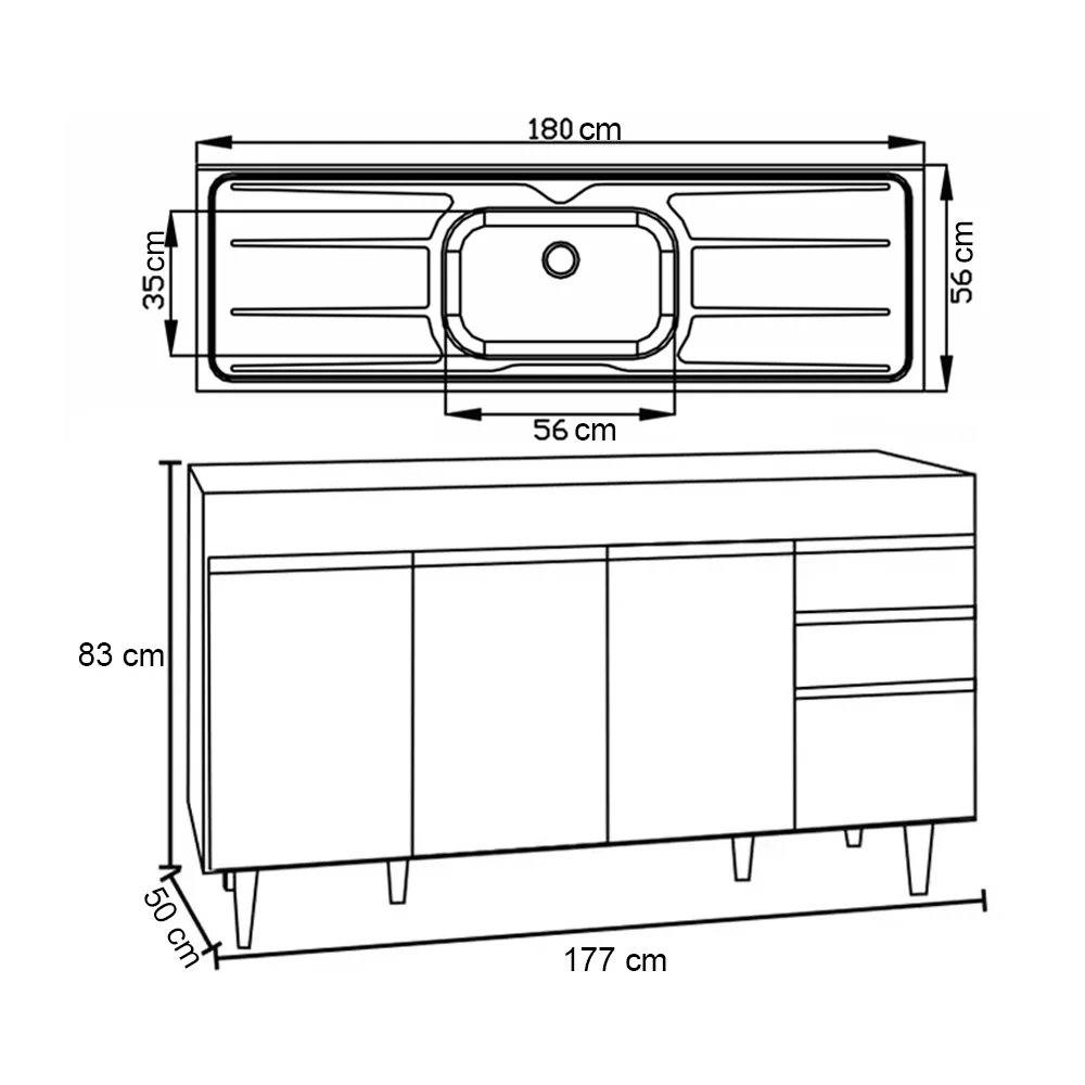 Balcão Gabinete Com Pia 180cm Dallas Branco/Preto - Lumil