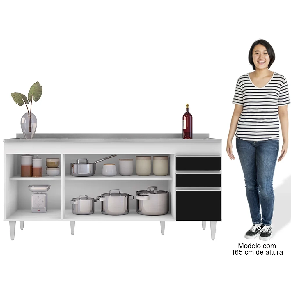 Balcão Gabinete Com Pia 180cm Dallas Branco/Preto - Lumil