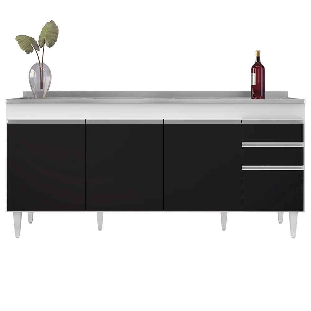 Balcão Gabinete Com Pia 180cm Dallas Branco/Preto - Lumil