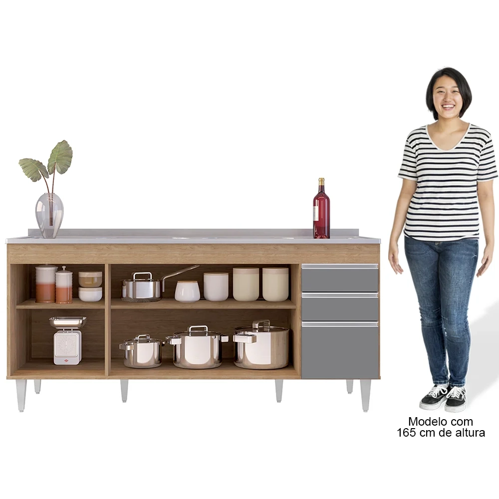 Balcão Gabinete Com Pia 180cm Dallas Castanho/Cinza - Lumil