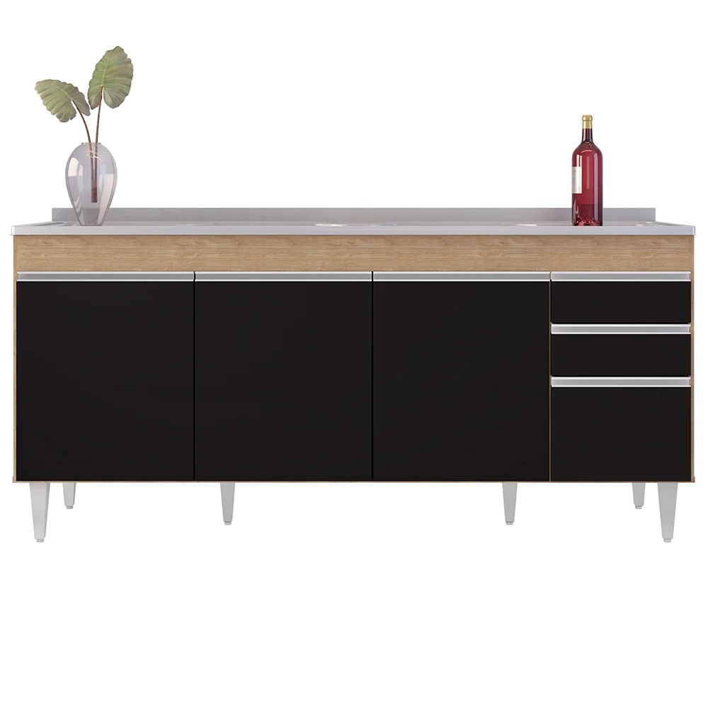 Balcão Gabinete Com Pia 180cm Dallas Castanho/Preto - Lumil