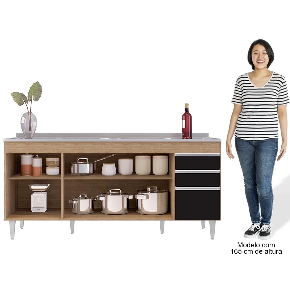 Balcão Gabinete Com Pia 180cm Dallas Castanho/Preto - Lumil